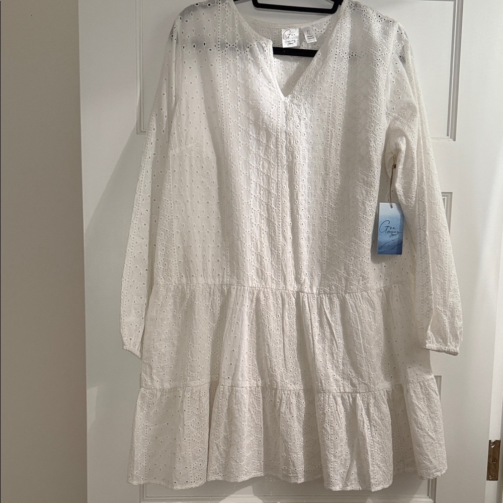 Japna White Long Sleeve Eyelet Dress